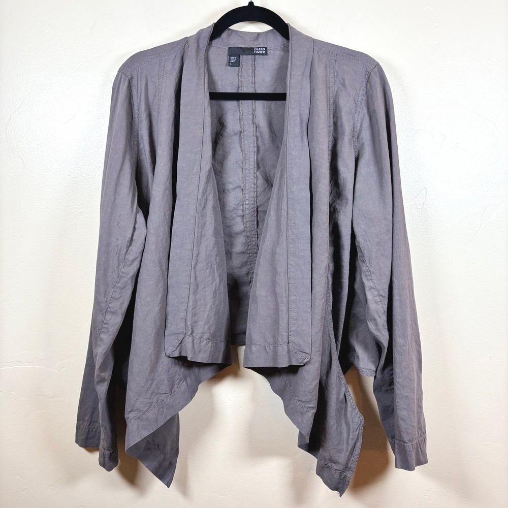 Eileen Fisher Jacket Womens L Gray Linen Blend Asymmetrical Open Front Lagenlook